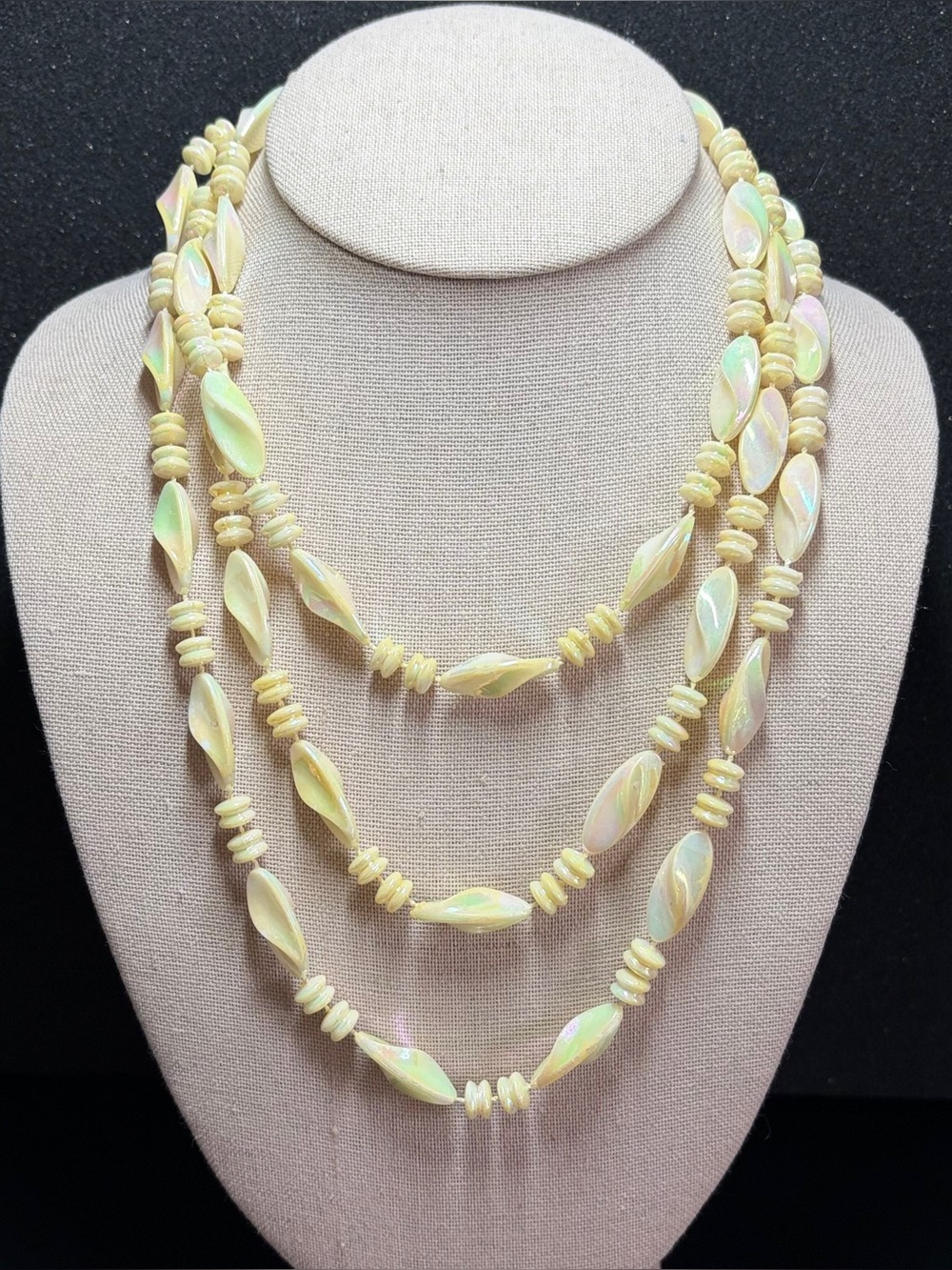 Vintage Long Iridescent Cream Beaded Statement Necklace Layered